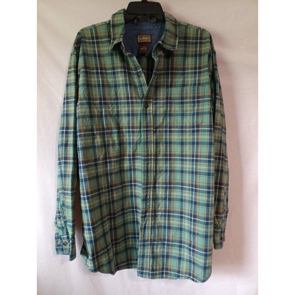 Schmidt Workwear Men's Button Down Shirt Cotton Green Blue Plaid sizeXLT Flannel